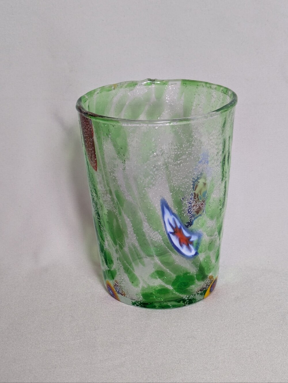 Murano Glass Tumbler Green Swirls And Colorful Inclusions